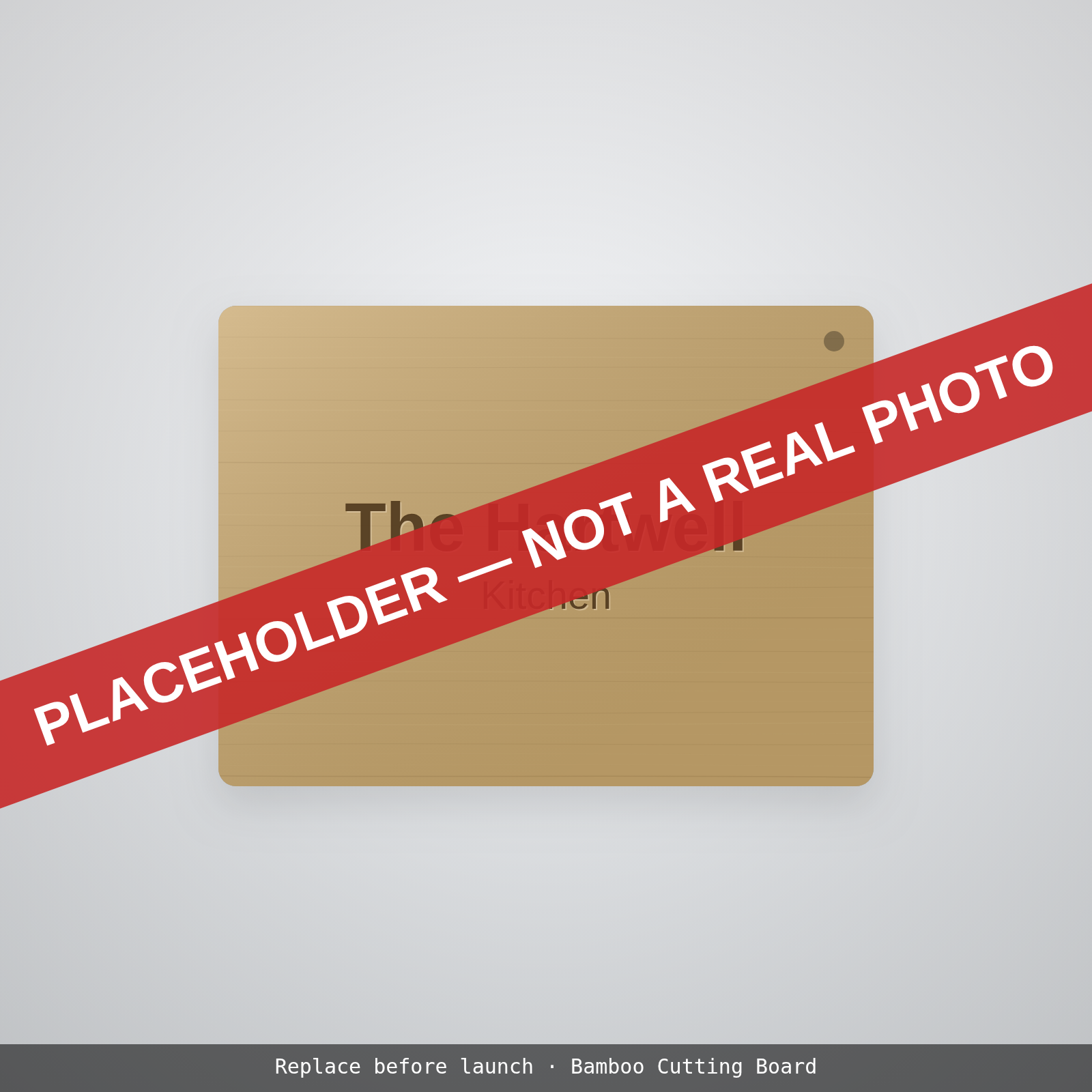 Placeholder illustration: bamboo cutting board engraved with a two-line motif. Not a photograph.
