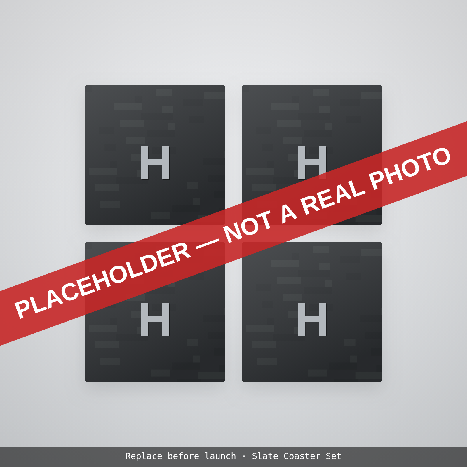 Placeholder illustration: four slate coasters engraved with a monogram. Not a photograph.