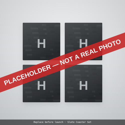Placeholder illustration: four slate coasters engraved with a monogram. Not a photograph.