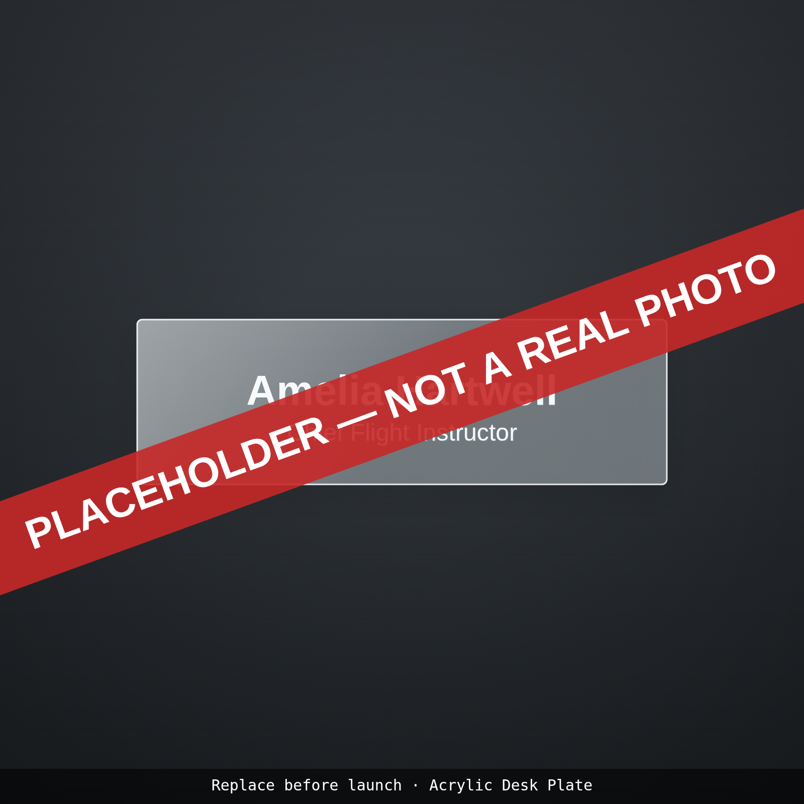 Placeholder illustration: clear acrylic desk plate engraved with a name and title. Not a photograph.