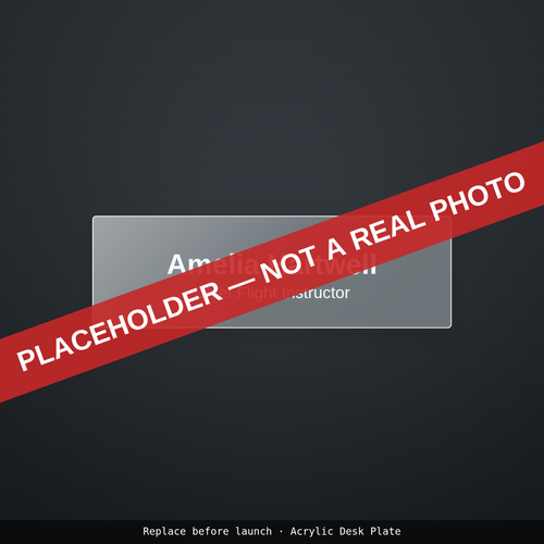 Placeholder illustration: clear acrylic desk plate engraved with a name and title. Not a photograph.