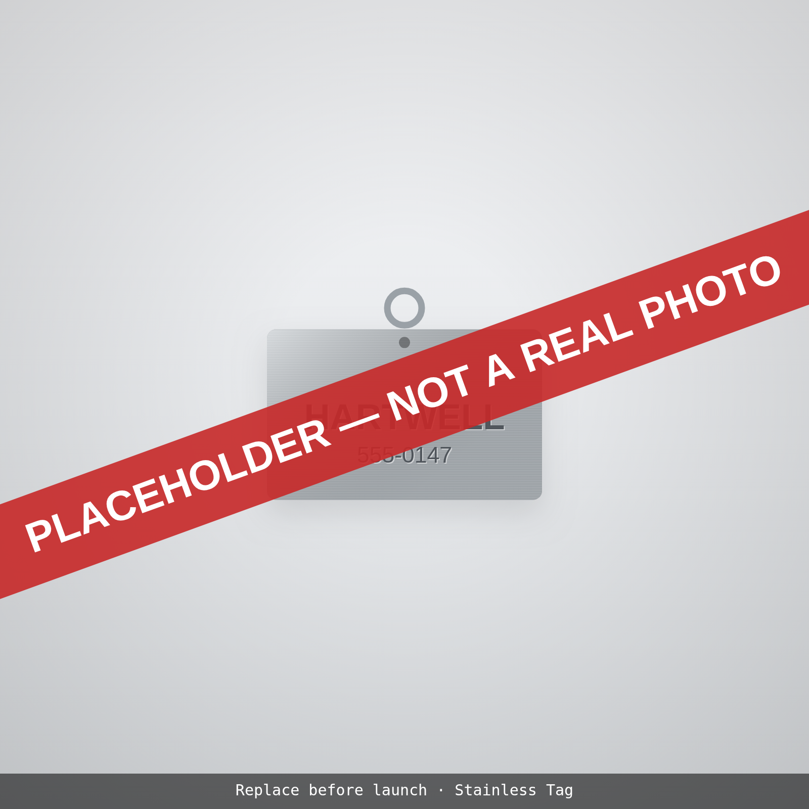 Placeholder illustration: stainless steel tag on a split ring, engraved with a name and phone number. Not a photograph.