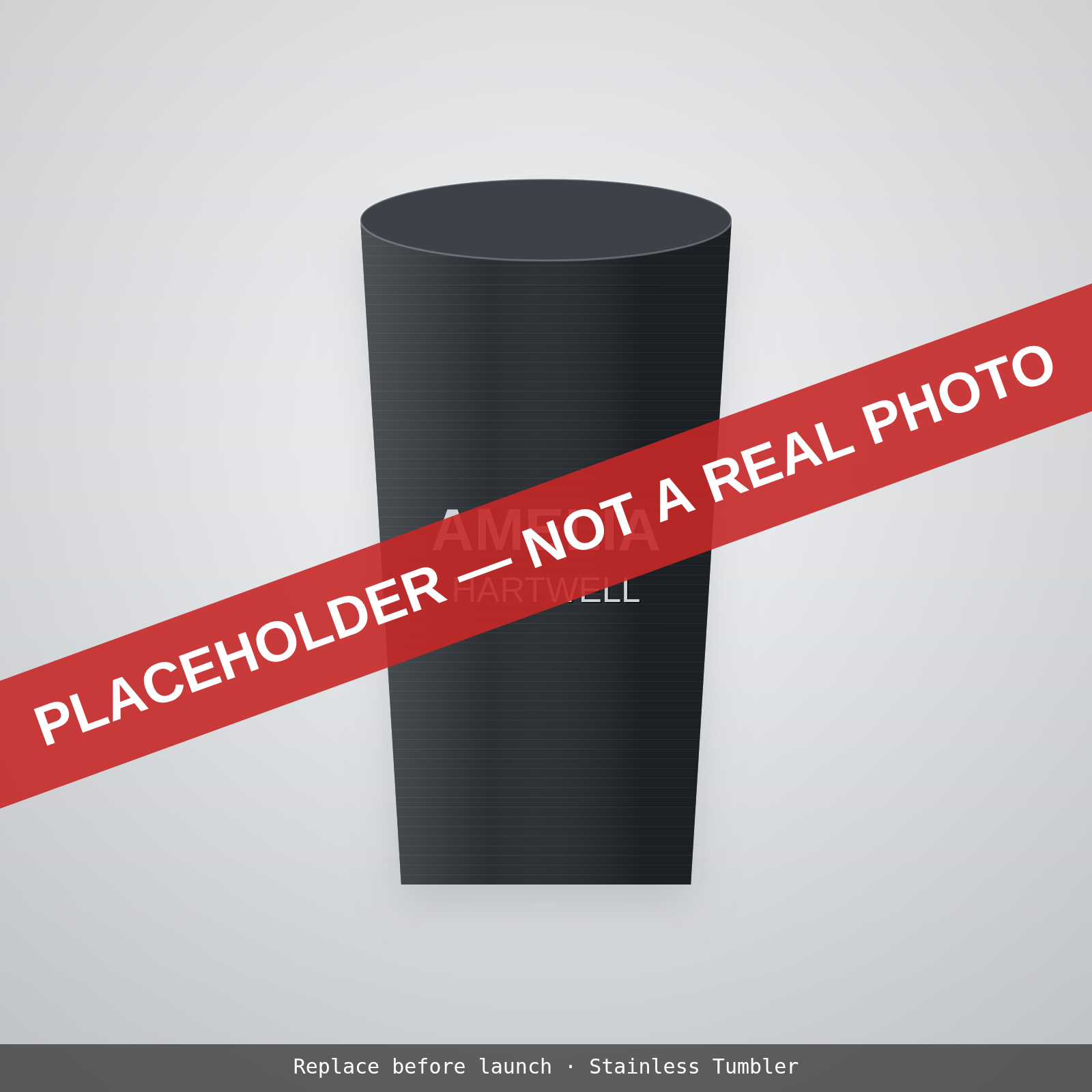 Placeholder illustration: matte black stainless tumbler engraved with a two-line name. Not a photograph.